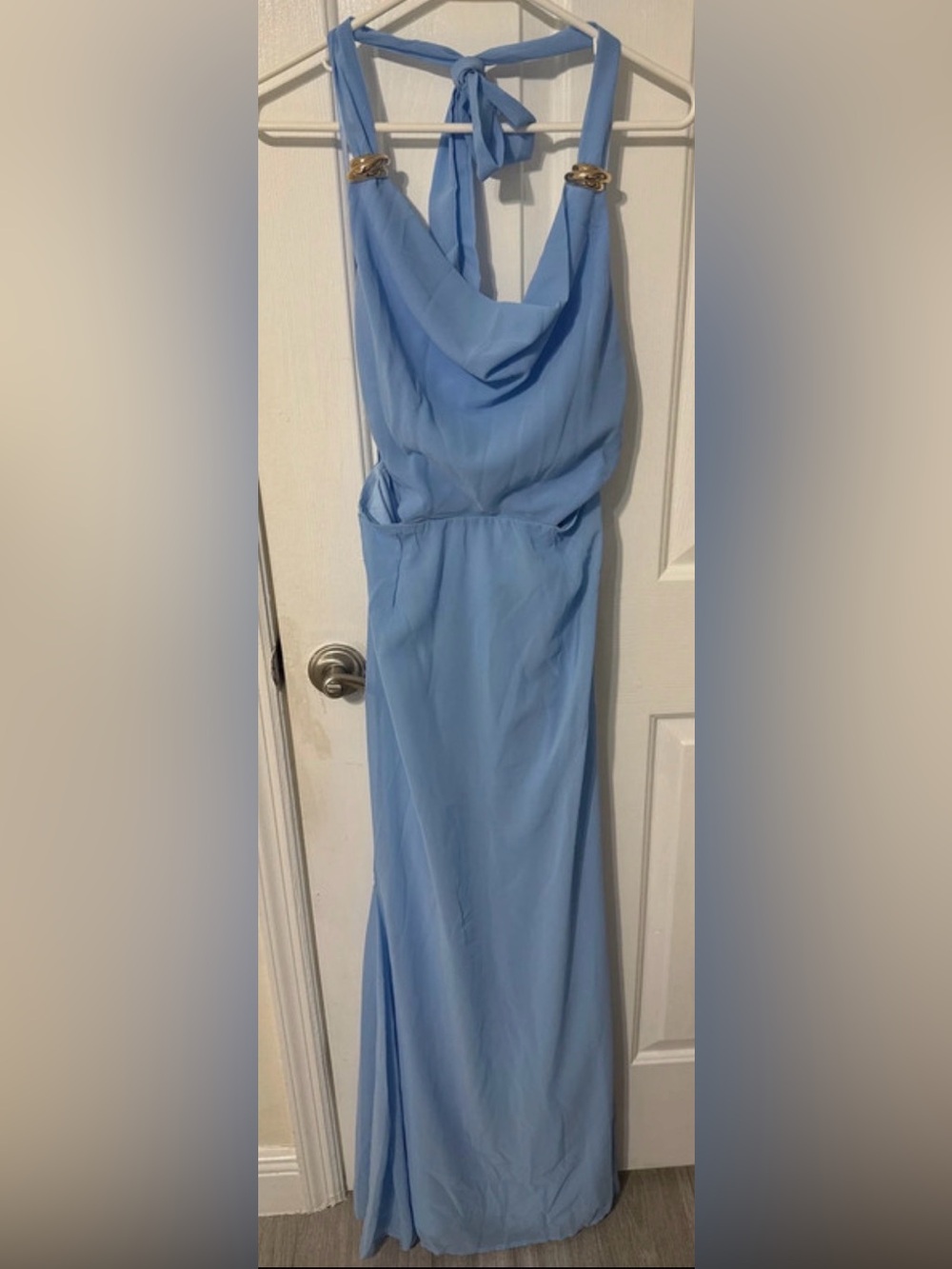 Fashion Nova Sky Blue Halter Cowl Maxi Dress with Gold Accents